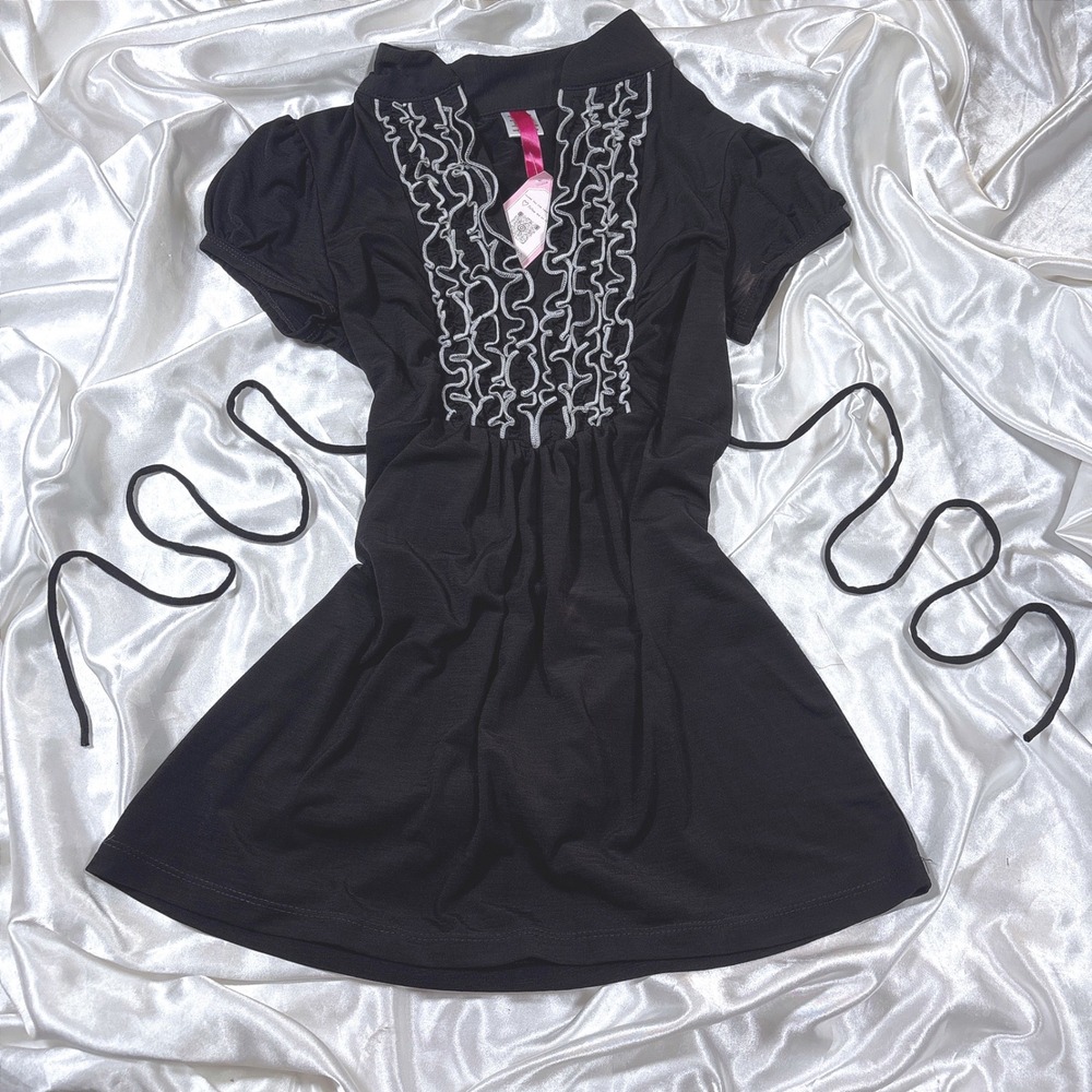 y2k Tunic Top Black NWT Ruffle Trim Empire Waist Ties Short Sleeve S